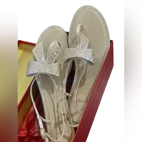 Rene Caovilla Nude Flat Rhinestone Bow Sandals Size 11B Wedding Formal Casual - Picture 4 of 9